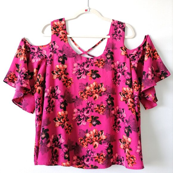 APT.9 Women Pink Cold Shoulder Sleeve Scoop Neck Floral Blouse Top Size XLarge - Picture 1 of 8